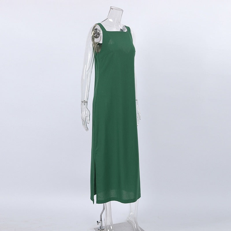 Green Sleeveless Side-Slit Long Dress