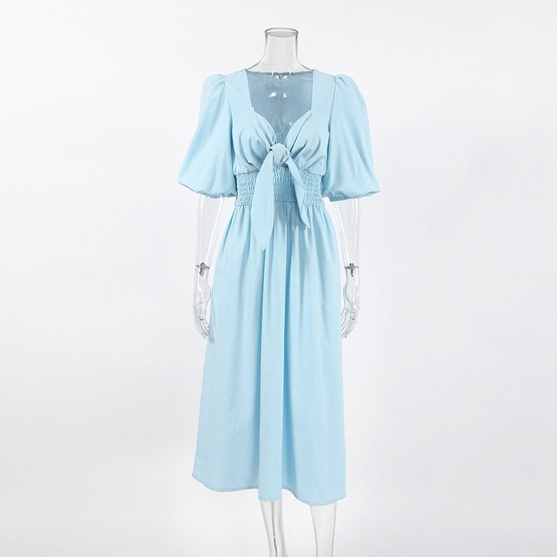 Light Blue Square Neck Puff Sleeve Midi Dress