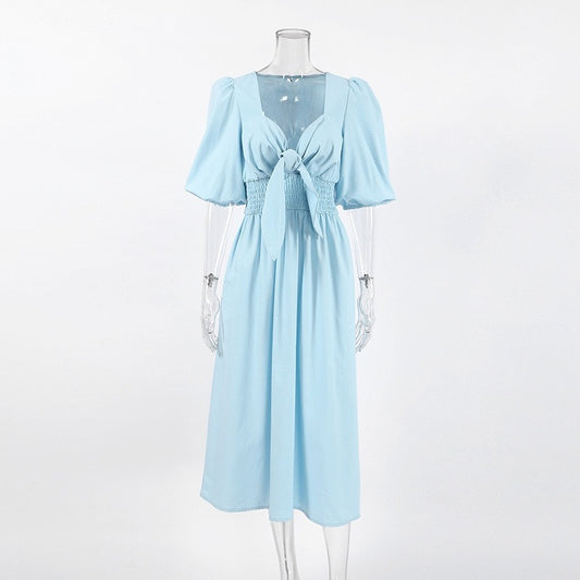 Light Blue Square Neck Puff Sleeve Midi Dress