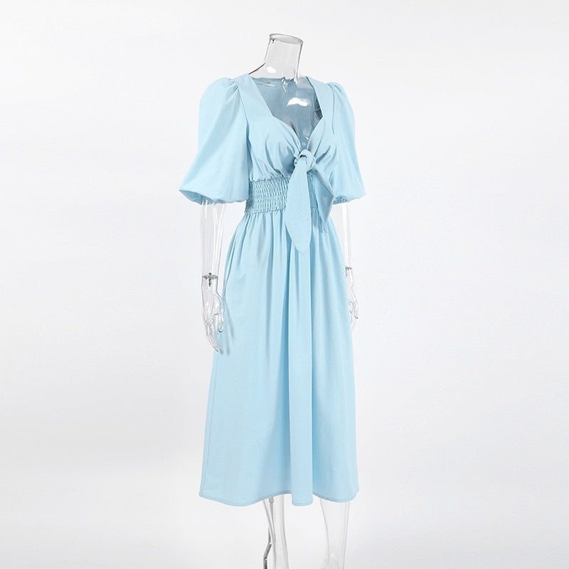 Light Blue Square Neck Puff Sleeve Midi Dress