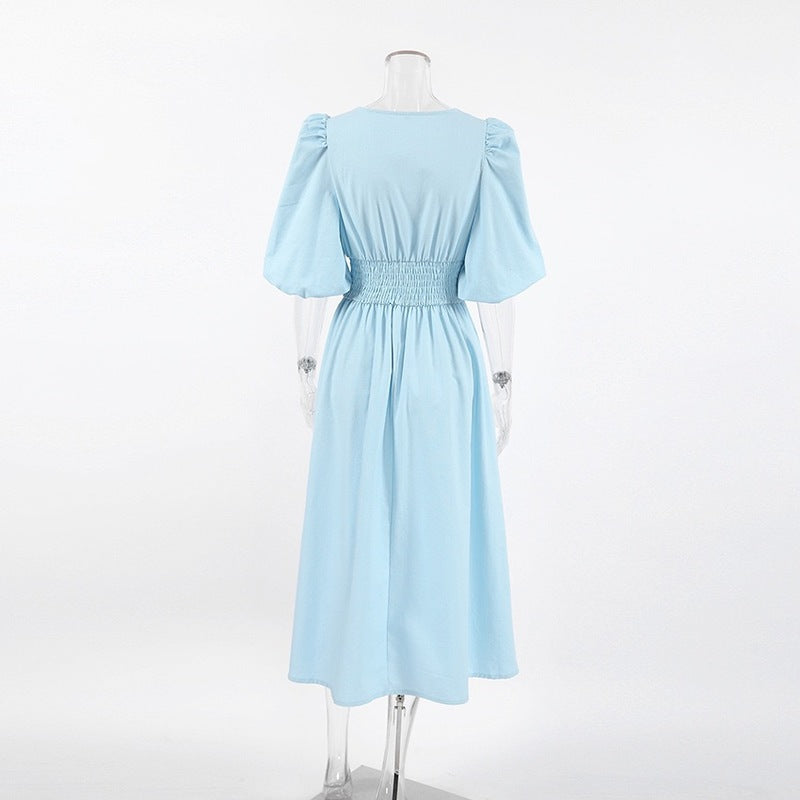 Light Blue Square Neck Puff Sleeve Midi Dress