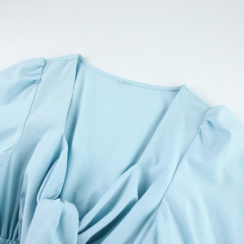 Light Blue Square Neck Puff Sleeve Midi Dress