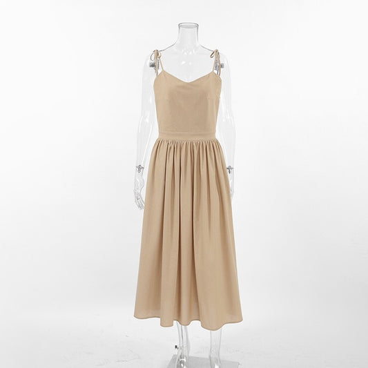 Beige Tie-Shoulder Midi Slip Dress