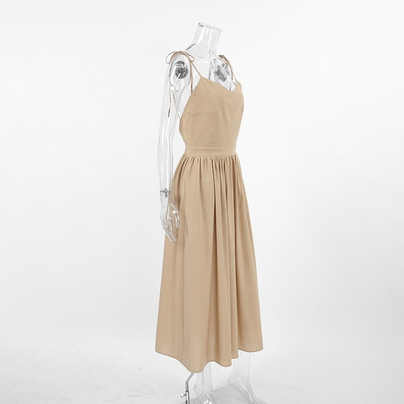 Beige Tie-Shoulder Midi Slip Dress