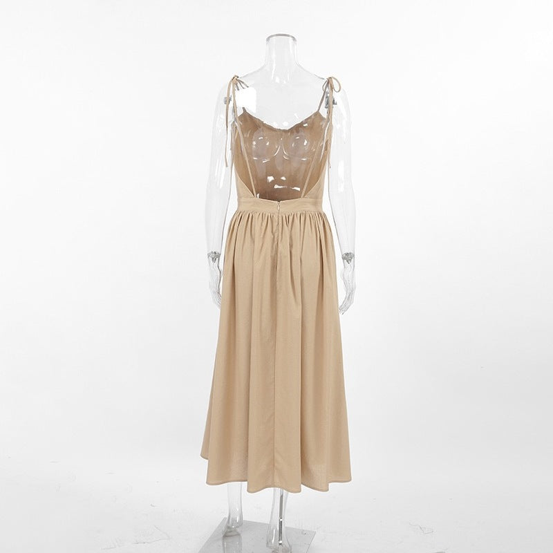 Beige Tie-Shoulder Midi Slip Dress