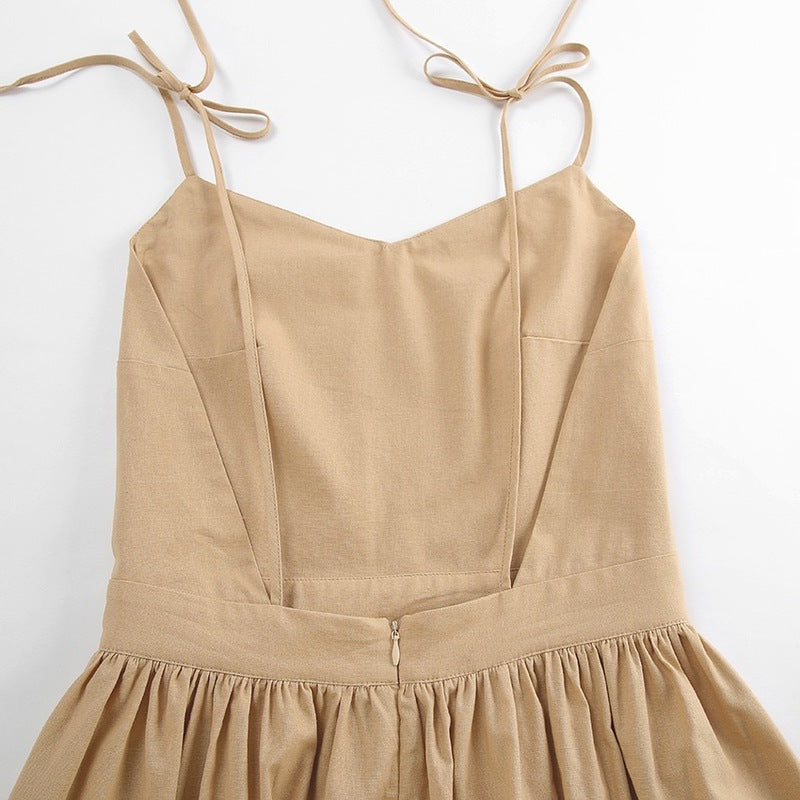 Beige Tie-Shoulder Midi Slip Dress