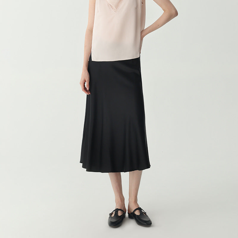 Women's Black Satin High Waist Flared Midi Skirt