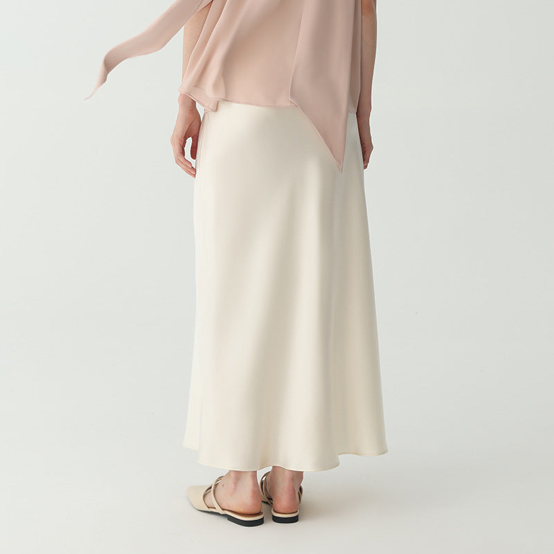 Women's Ivory Satin High Waist Flowy Midi Skirt