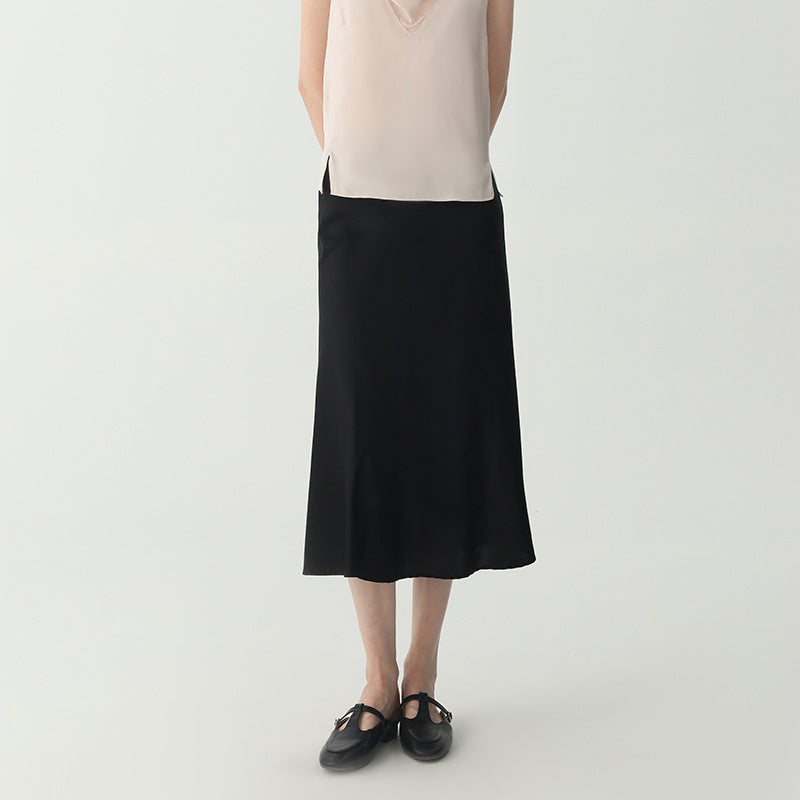 Women's Black Satin High Waist Flared Midi Skirt