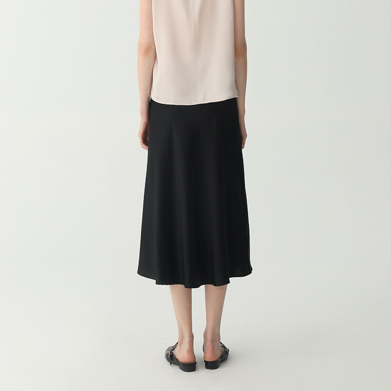 Women's Black Satin High Waist Flared Midi Skirt