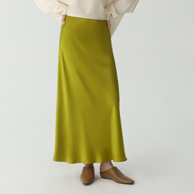Women's Ivory Satin High Waist Flowy Midi Skirt