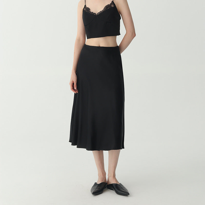 Women's Black Satin High Waist Flared Midi Skirt