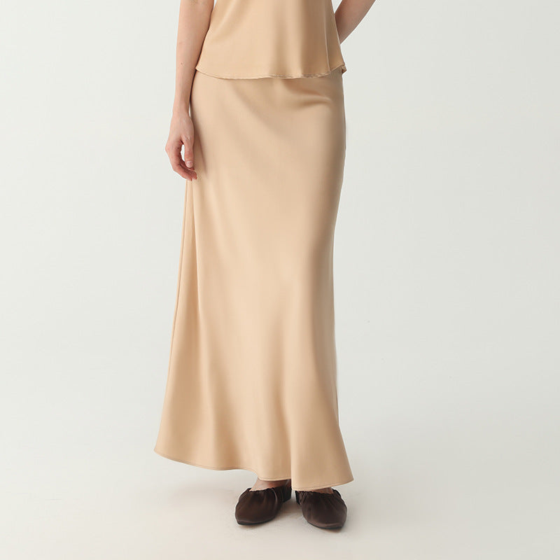 Women's Ivory Satin High Waist Flowy Midi Skirt