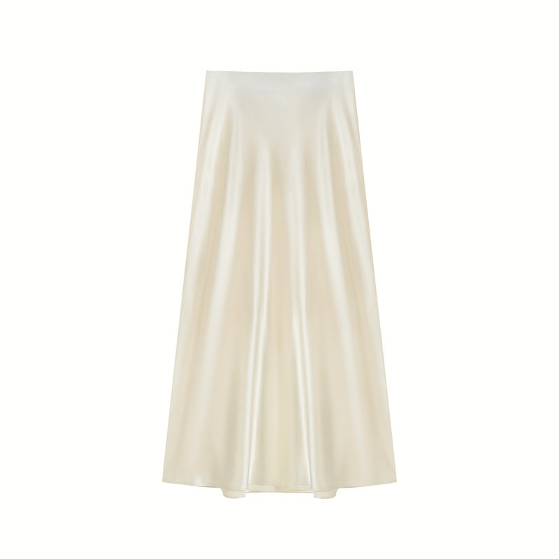 Women's Ivory Satin High Waist Flowy Midi Skirt