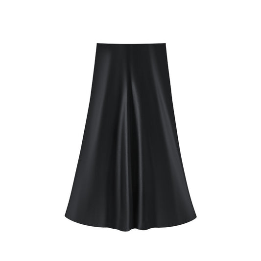 Women's Black Satin High Waist Flared Midi Skirt