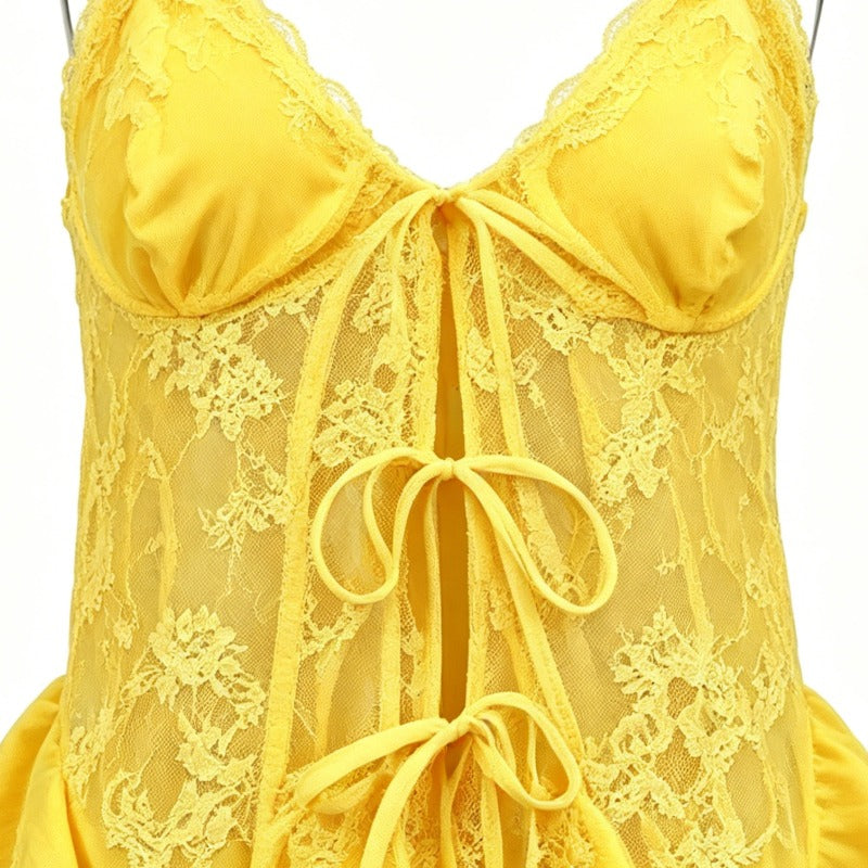 Yellow Lace Up Front Asymmetrical Ruffle Maxi Cami Dress