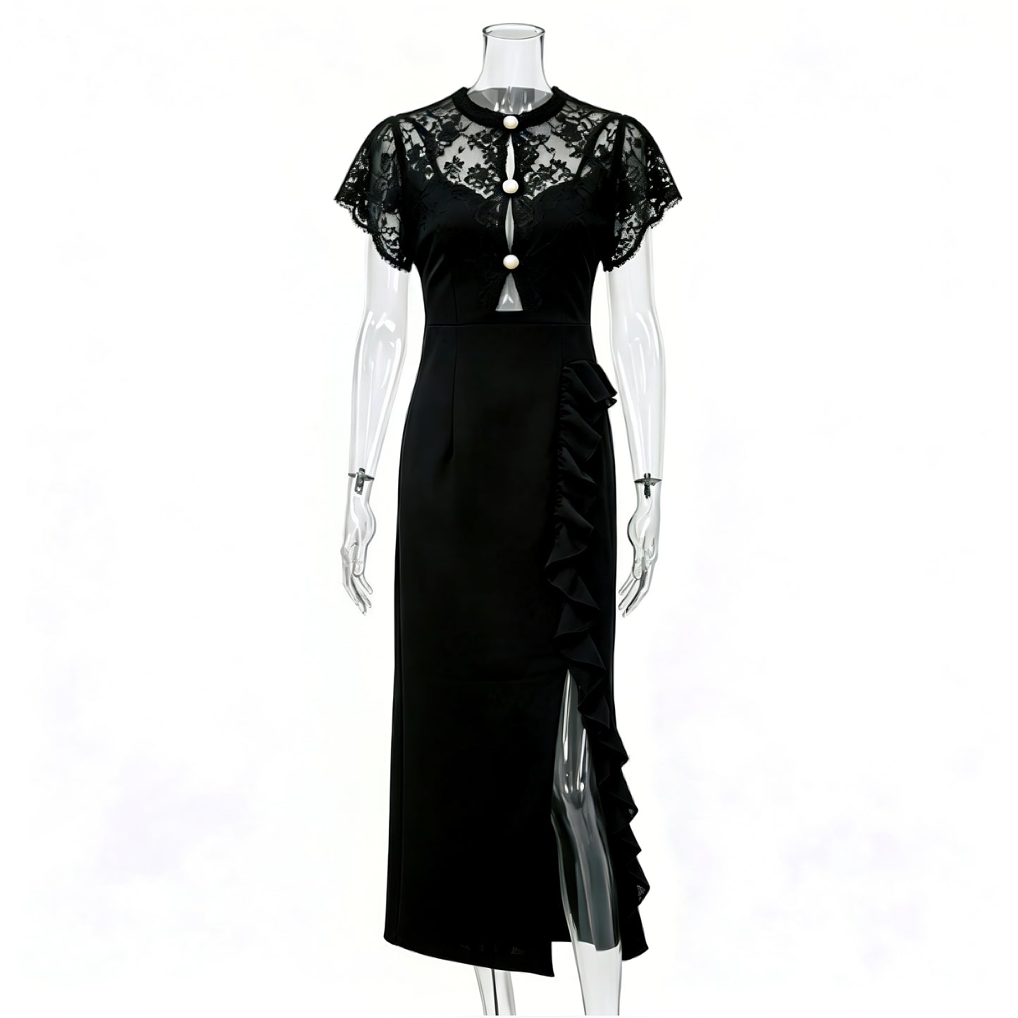 Black Lace Yoke Pearl Button Ruffle Slit Midi Dress