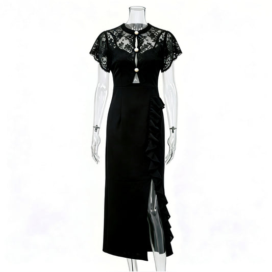 Black Lace Yoke Pearl Button Ruffle Slit Midi Dress