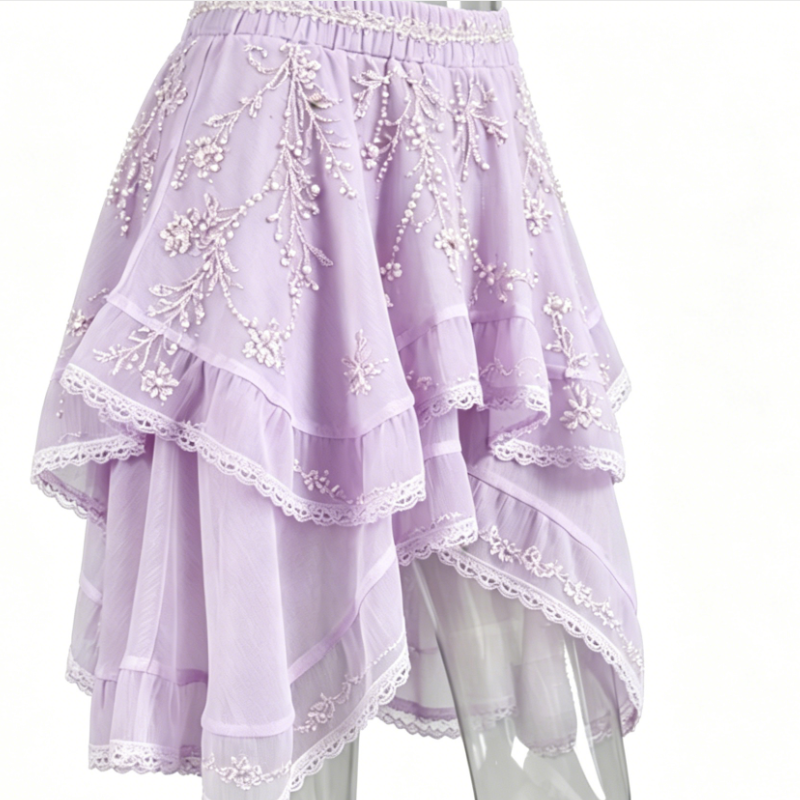 Women Purple Lace Ruffle Skirt