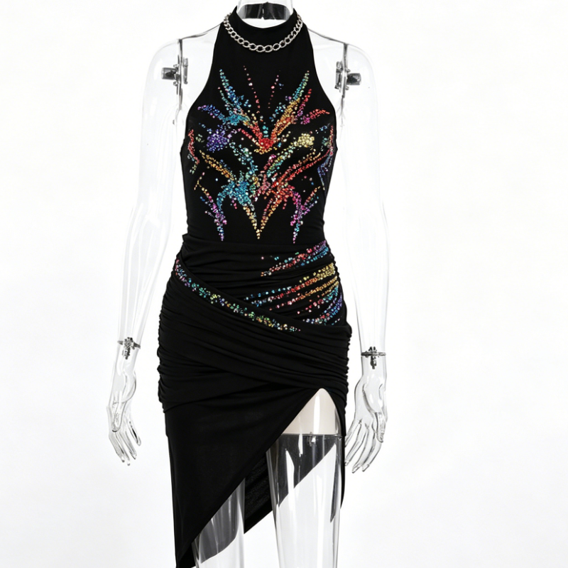 Women Black Sparkly Multicolor Slit Dress