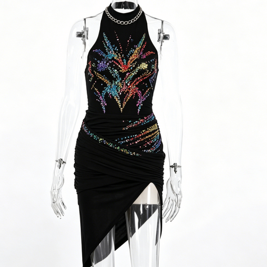 Women Black Sparkly Multicolor Slit Dress