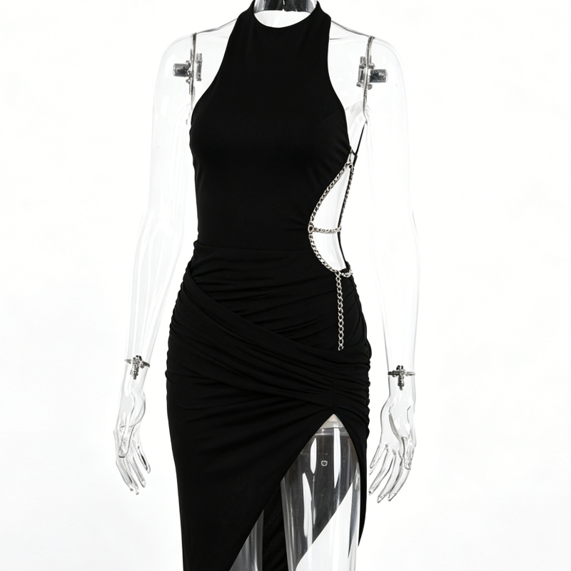 Women Black Chain Halter Cutout Dress