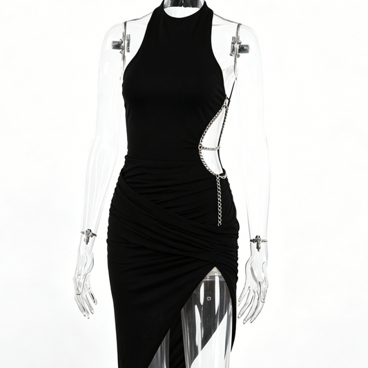Women Black Chain Halter Cutout Dress