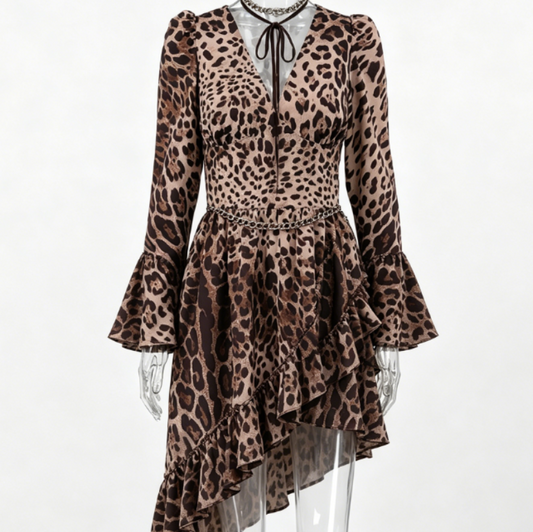 Women Leopard Print Flare Sleeve Asymmetrical Dress