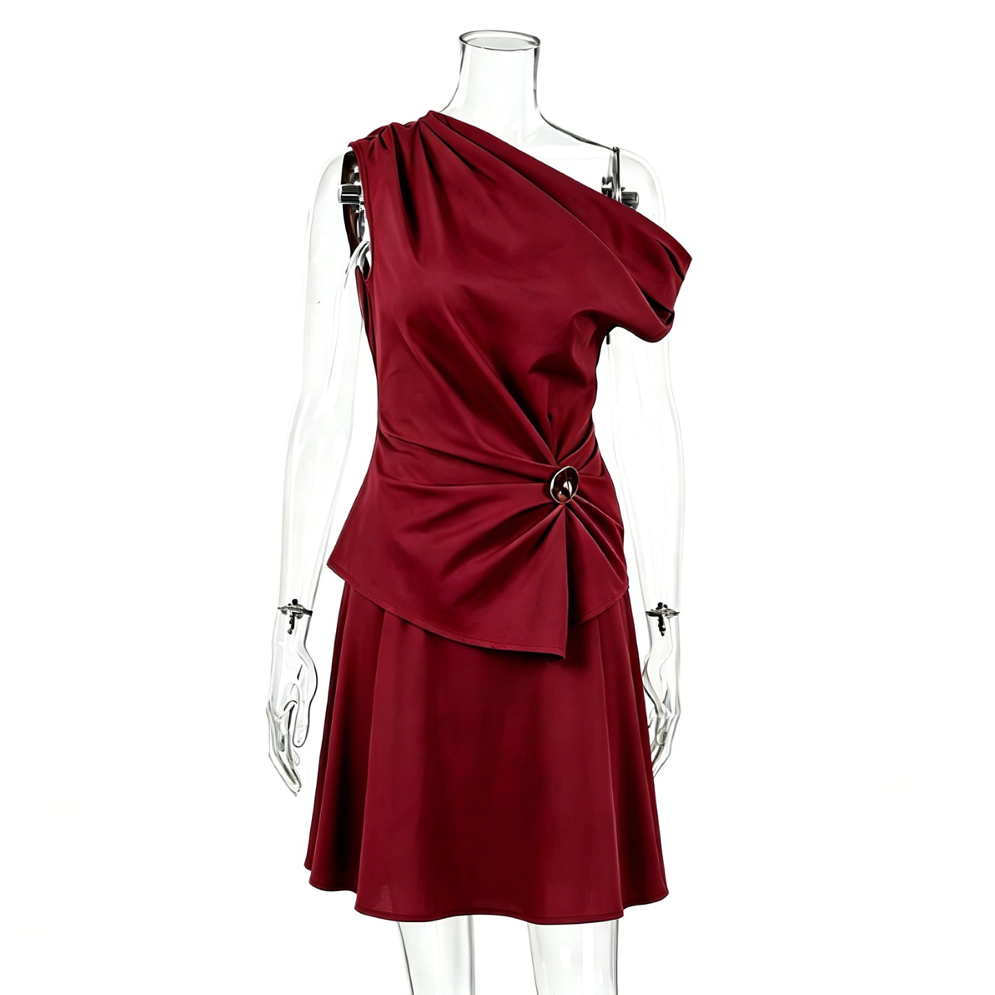 Women's One-Shoulder Draped Ruched Waist Flare Hem Wine Red Dress