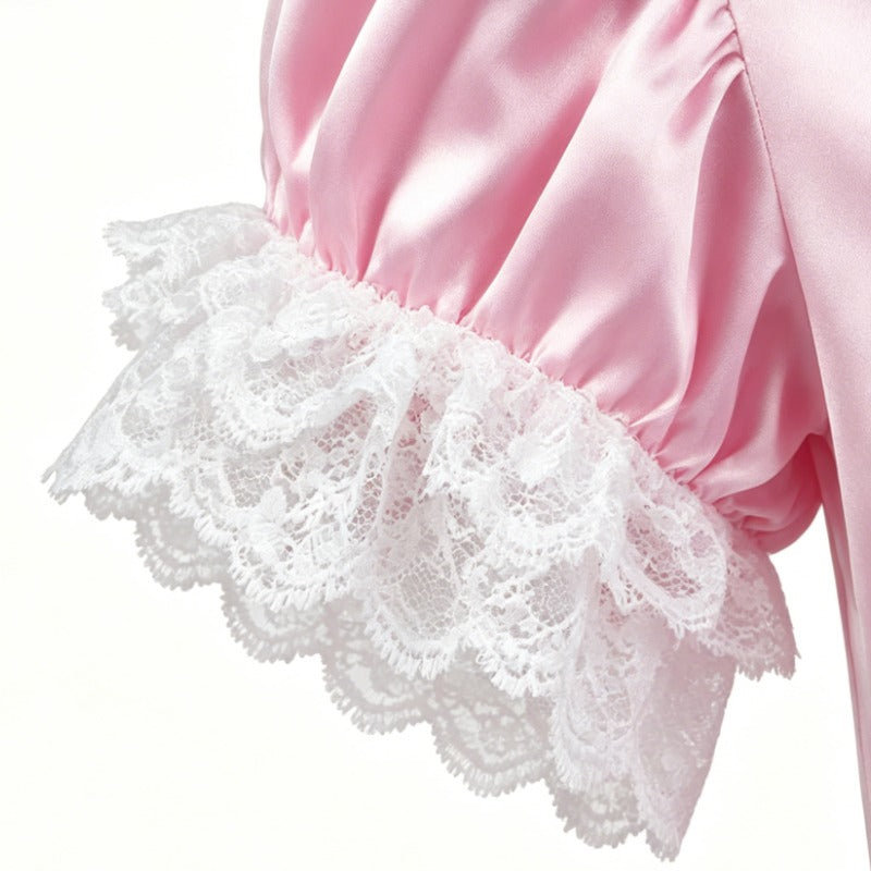 Soft Pink Satin Lace Trim Puff Sleeve Party Mini Dress