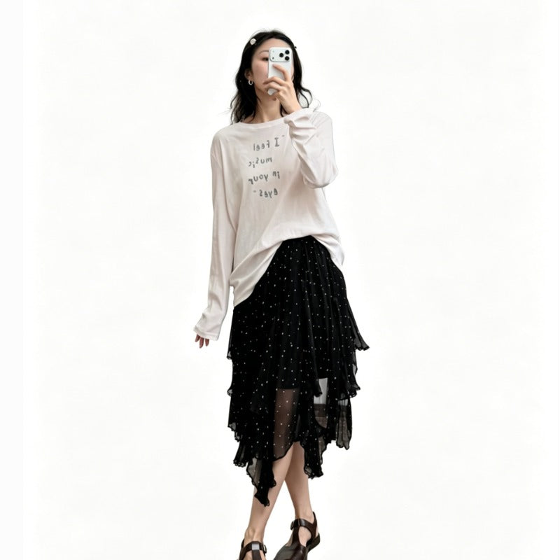 Polka Dot Irregular Mesh Skirt